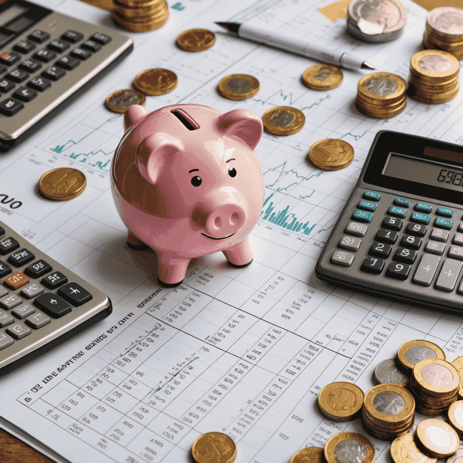 Eine Collage, die verschiedene Sparstrategien darstellt: ein Sparschwein, Aktiencharts, Immobilien und ein Taschenrechner mit Euromünzen