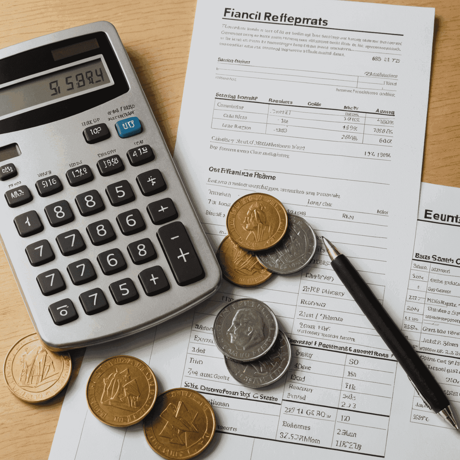 Ein Bild, das Grundlagen der Finanzen zeigt: Münzen, Taschenrechner und Finanzberichte