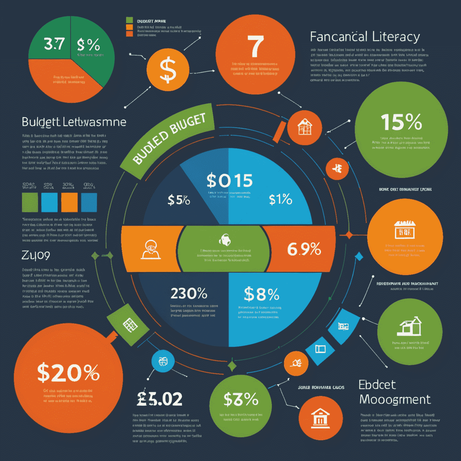 Eine Infografik, die verschiedene Aspekte der finanziellen Allgemeinbildung zeigt, wie Budgetplanung, Sparen, Investieren und Schuldenmanagement. Die Grafik verwendet die Farben Blau, Orange und Grün.