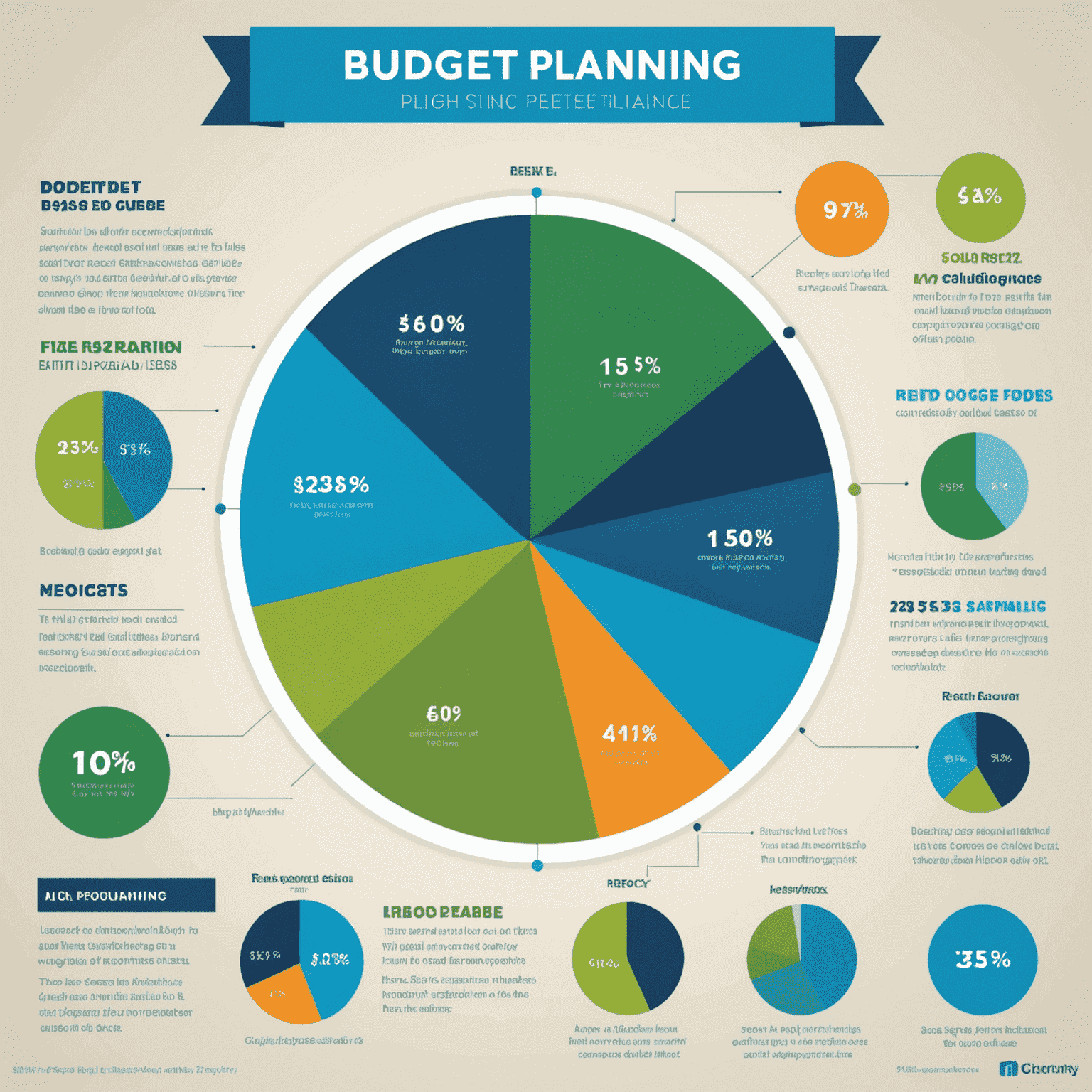 Infografik zur Budgetplanung: Ein Kreisdiagramm, das verschiedene Ausgabenkategorien wie Miete, Lebensmittel, Transport und Freizeit in verschiedenen Blau- und Grüntönen zeigt