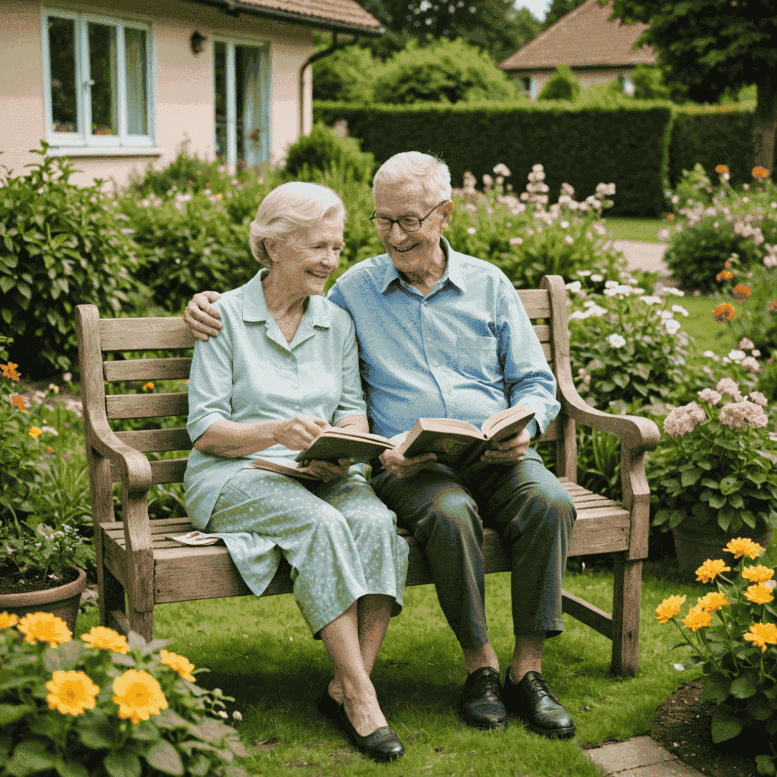 Älteres Paar genießt entspannt den Ruhestand im Garten. Sie sitzen auf einer Bank, lächeln und lesen gemeinsam ein Buch. Im Hintergrund sieht man ein gepflegtes Haus, das ihre finanzielle Sicherheit im Alter symbolisiert.