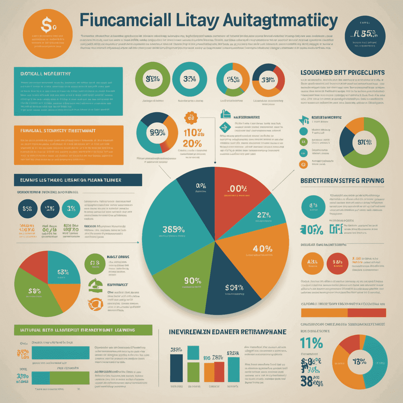 Infografik, die verschiedene Aspekte der finanziellen Allgemeinbildung zeigt, wie Budgetierung, Investitionen, Altersvorsorge und Schuldenmanagement