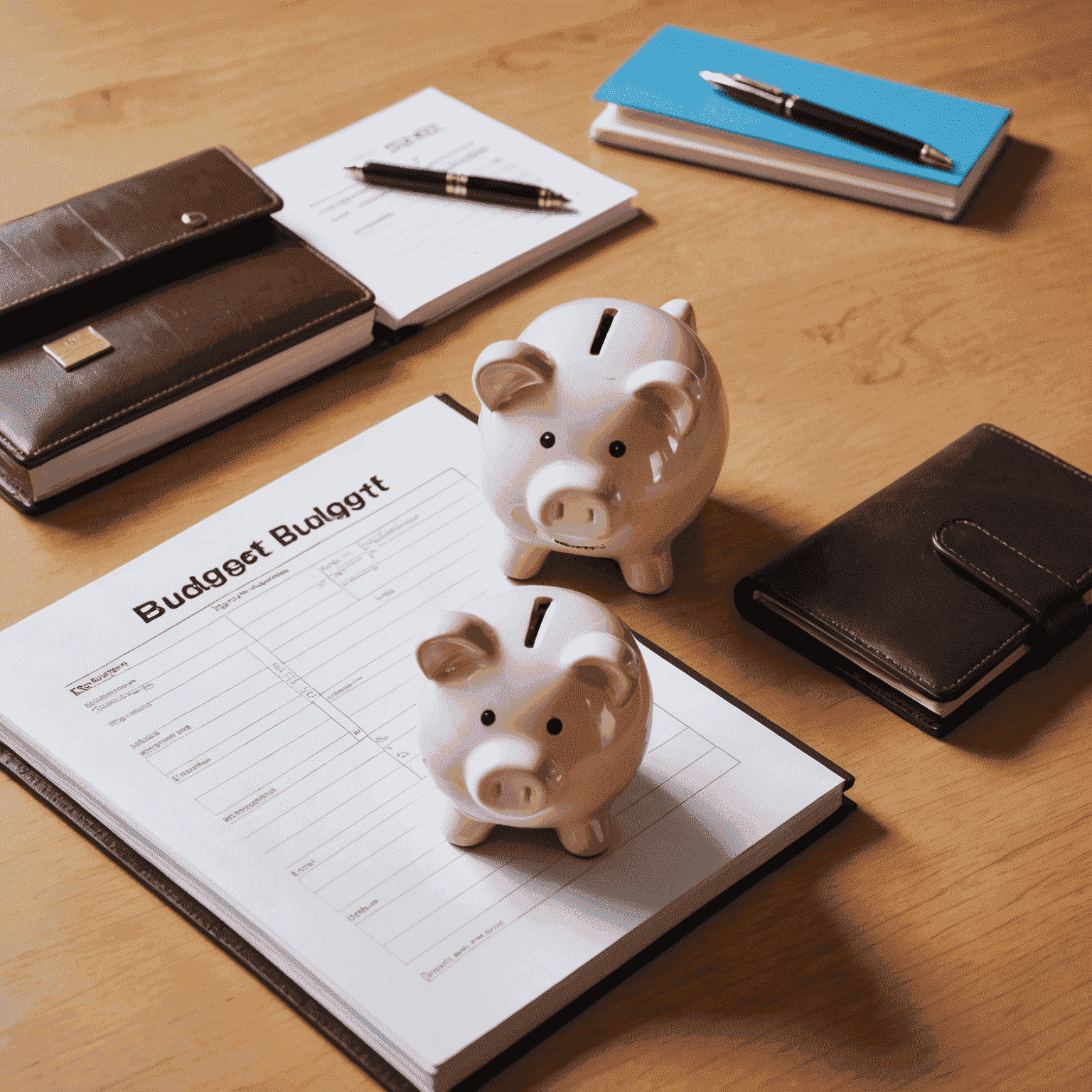 Ein Bild, das Budgetplanung zeigt: Sparschwein, Geldbörse und Haushaltsbuch