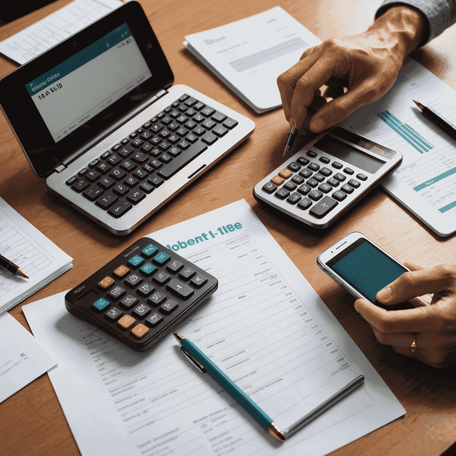Eine Person, die an einem Tisch sitzt und ein Haushaltsbuch führt. Neben ihr liegen ein Taschenrechner, Rechnungen und ein Smartphone mit einer Finanz-App. Die Szene strahlt Konzentration und finanzielle Verantwortung aus.