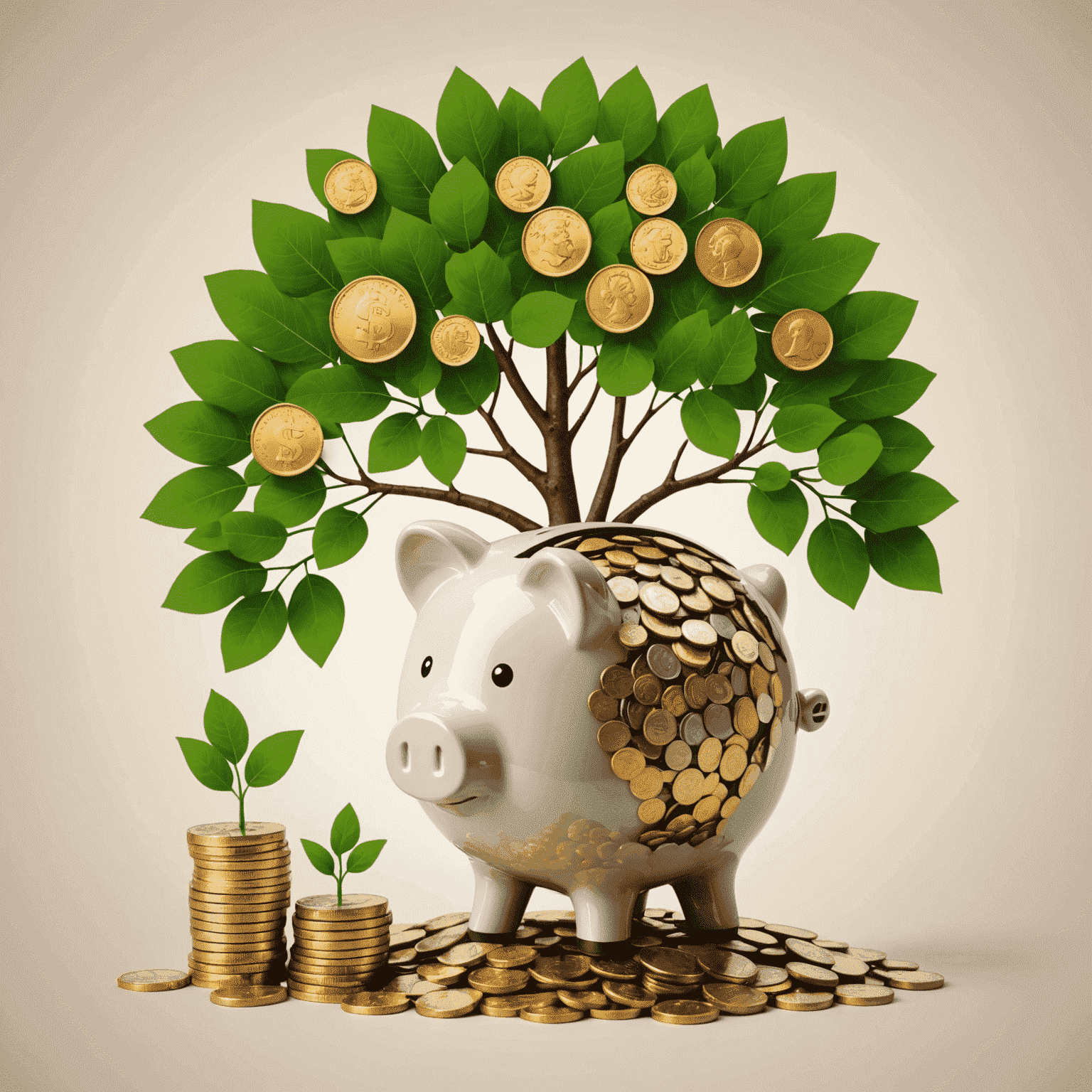 Illustration verschiedener Sparmethoden: Ein Baum mit Münzen als Blätter, der Wachstum symbolisiert, daneben Icons für Sparschwein, Aktienkurve und Rentenversicherung