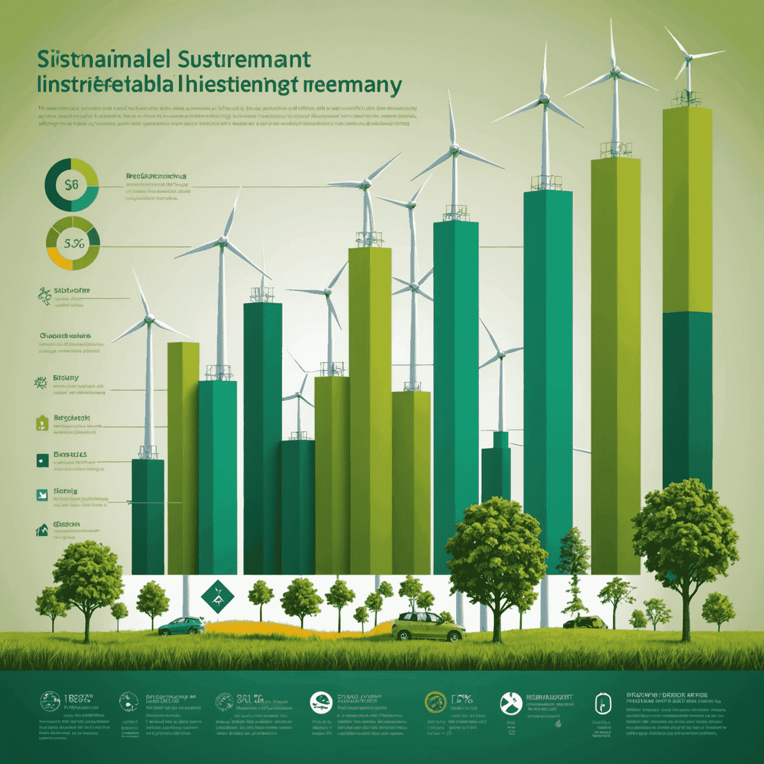 Infografik, die den Anstieg nachhaltiger Investitionen in Deutschland zeigt, mit grünen Balken und Symbolen für erneuerbare Energien und ethische Geschäftspraktiken