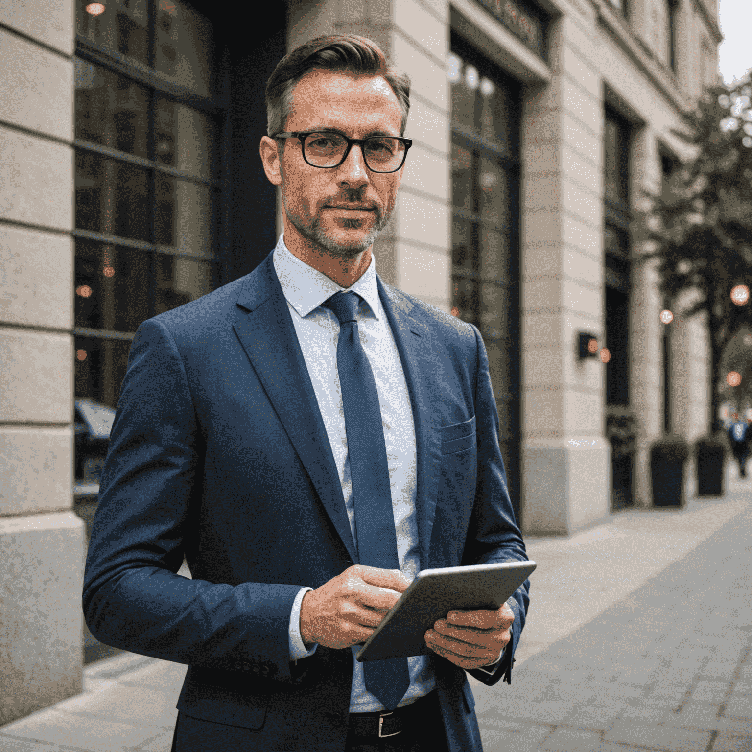 Porträt einer selbstbewussten Investmentberaterin in Business-Kleidung, die ein Tablet hält