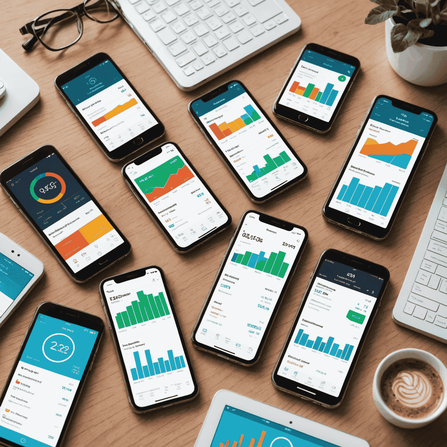Collage von Smartphone-Screens mit verschiedenen Finanz-Apps, die Diagramme, Budgets und Sparfortschritte zeigen