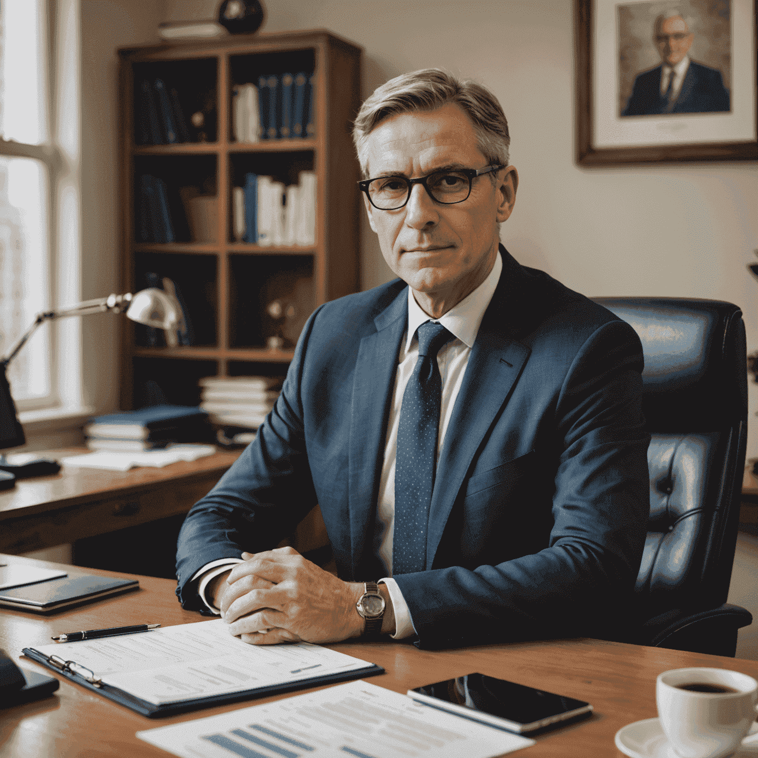 Porträt eines erfahrenen Steuerberaters mit Brille, der in seinem Büro sitzt