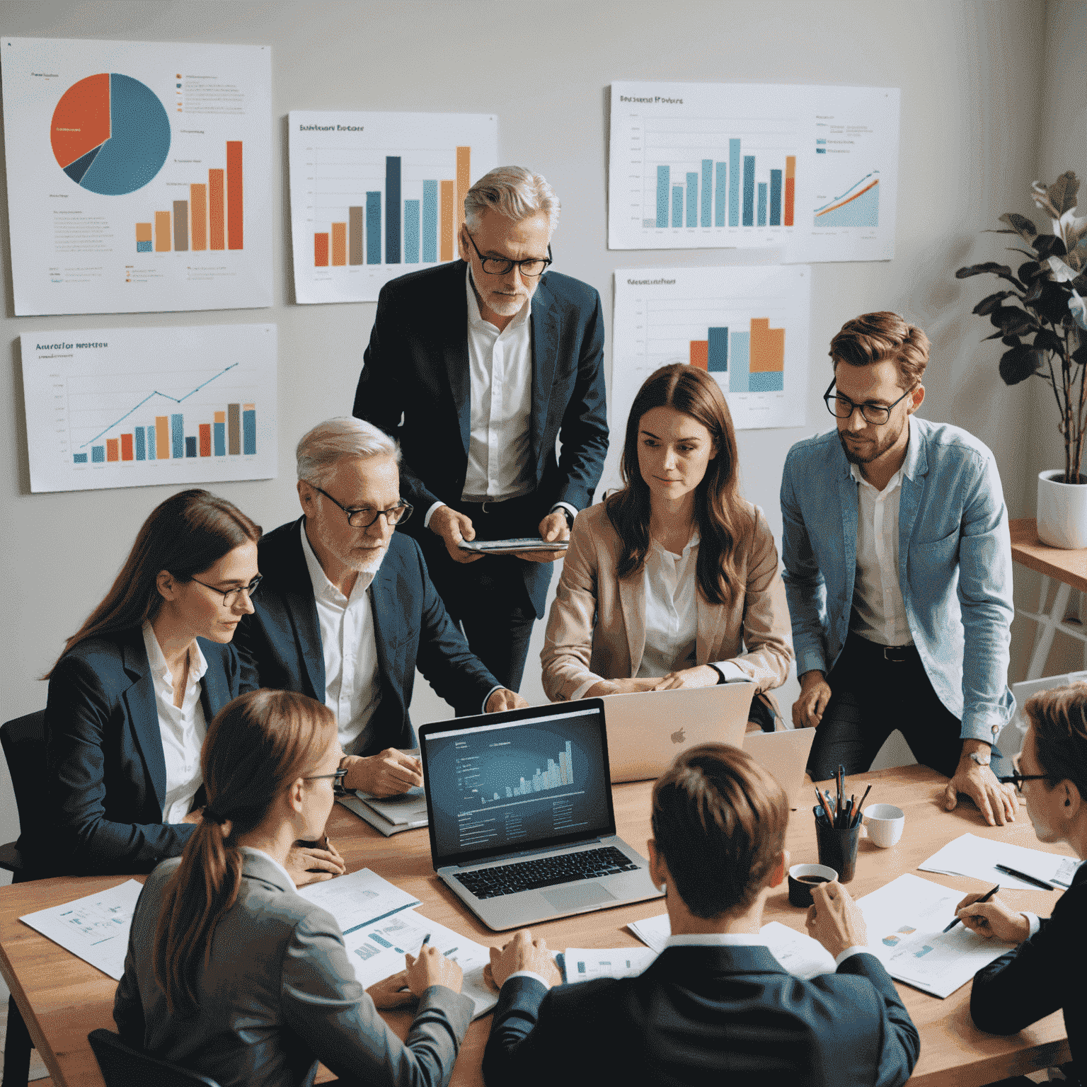Gruppe von Menschen verschiedenen Alters, die gemeinsam an einem Tisch sitzen und an Laptops arbeiten, umgeben von Finanzunterlagen und Grafiken