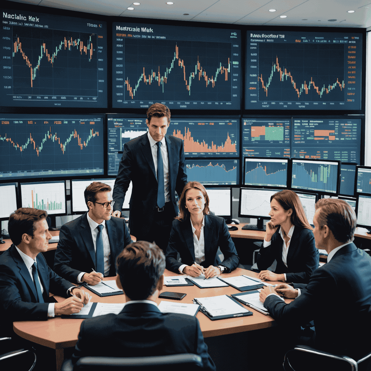 Ein Bild, das Finanzdiagramme, Börsenticker und Geschäftsleute zeigt, die Finanznachrichten diskutieren