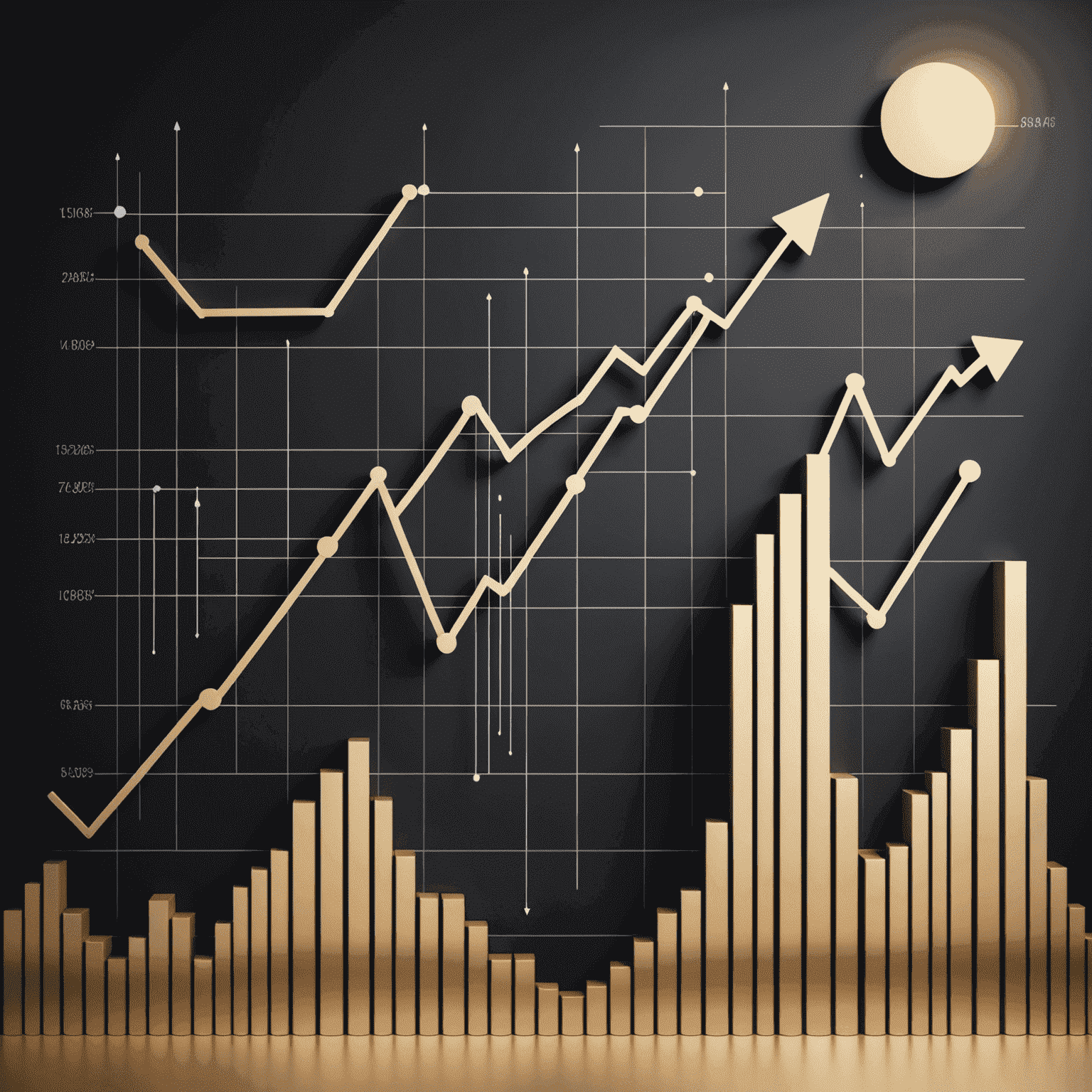 Eine Grafik mit steigenden und fallenden Linien, die Markttrends darstellen, mit Symbolen für verschiedene Wirtschaftssektoren